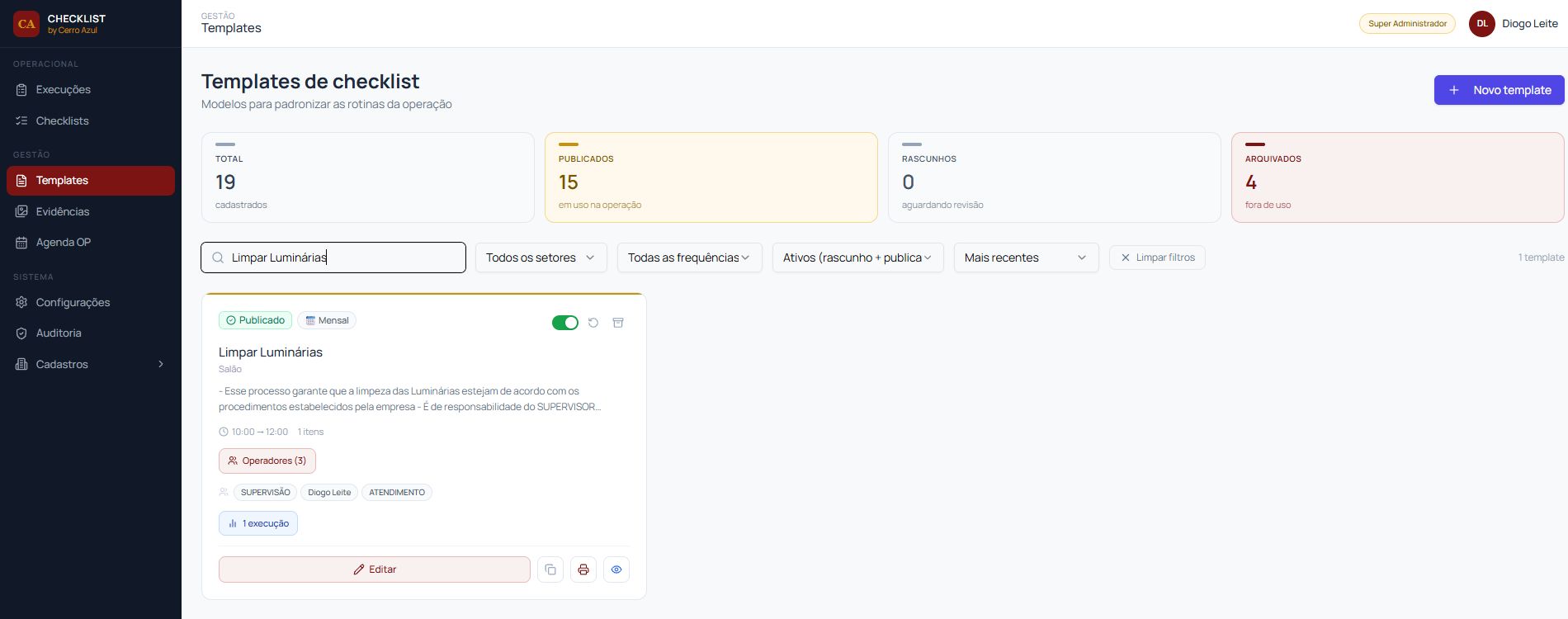 Tela real de modelos de checklist com filtro por Limpar Luminárias