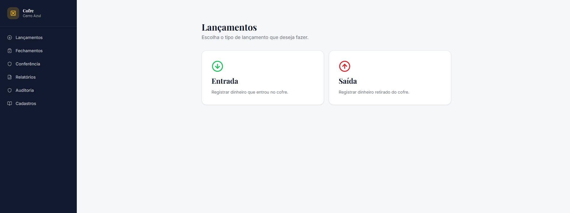 Tela real do Cofre Cerro Azul para escolher entradas e saídas
