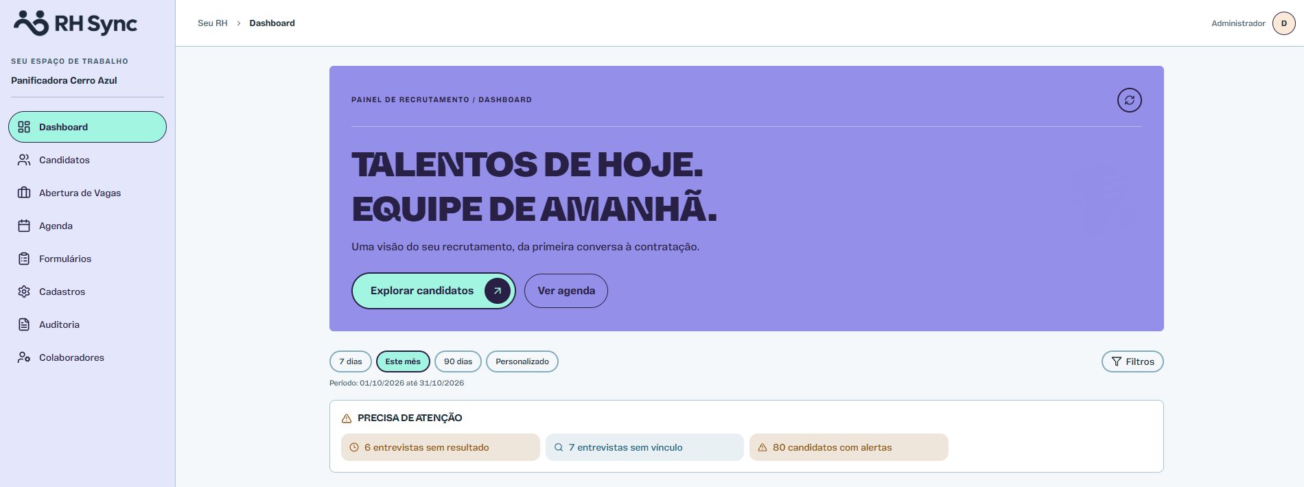 Painel real do RH Sync aberto no domínio de Recrutamento